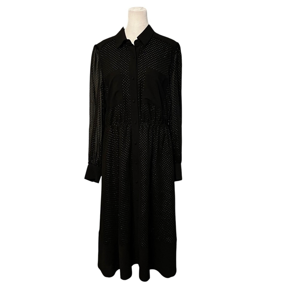 Rachel Roy Black Sheer Arm Gold Dot Midi Dress Size 8 - Picture 4 of 12